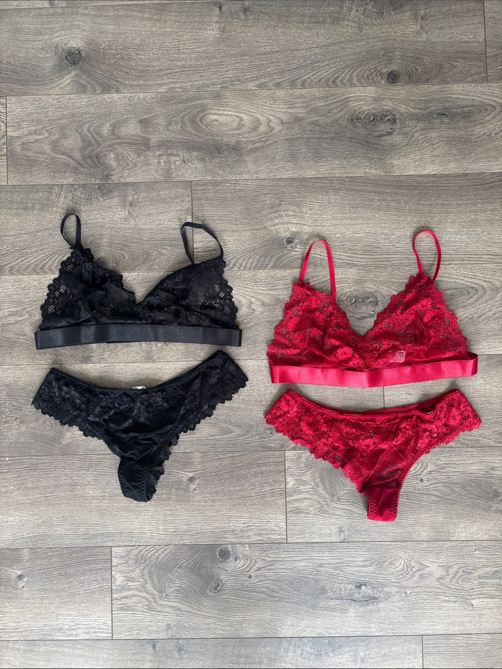 Lace Bralette & Bikini Set — Black and Red